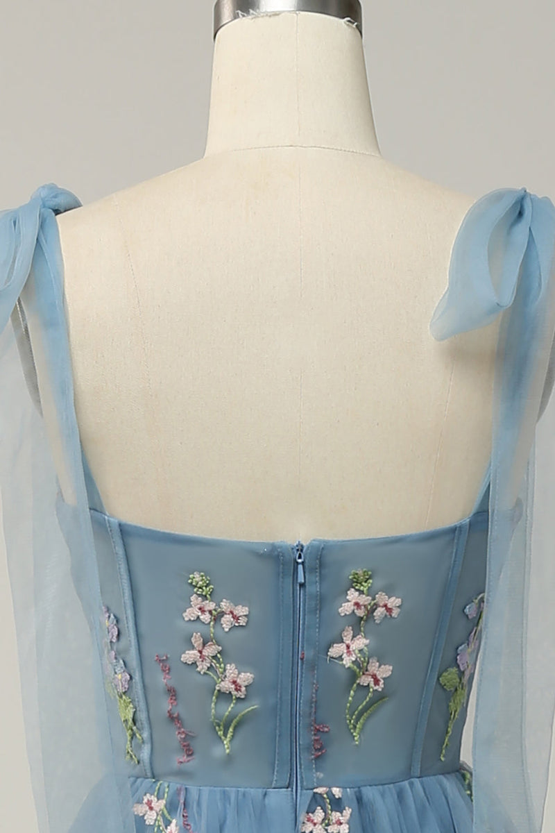 Load image into Gallery viewer, Grey Blue Embroidery Corset Long Prom Dress