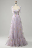 A-line Lilac Embroidery Corset Long Prom Dress