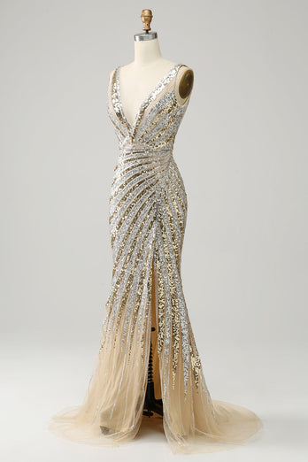 Zapaka Women Golden Long Prom Dress Mermaid Deep V Neck Formal Dress ...