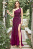 Load image into Gallery viewer, Mermaid One Shoulder Dark Purple Beaded Long Prom Dress with Slit