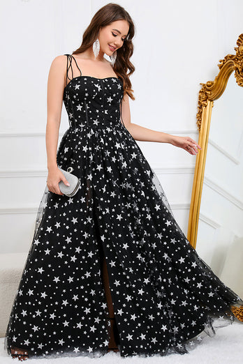 Tulle A-Line Spaghetti Straps Black Long Prom Dress with Stars