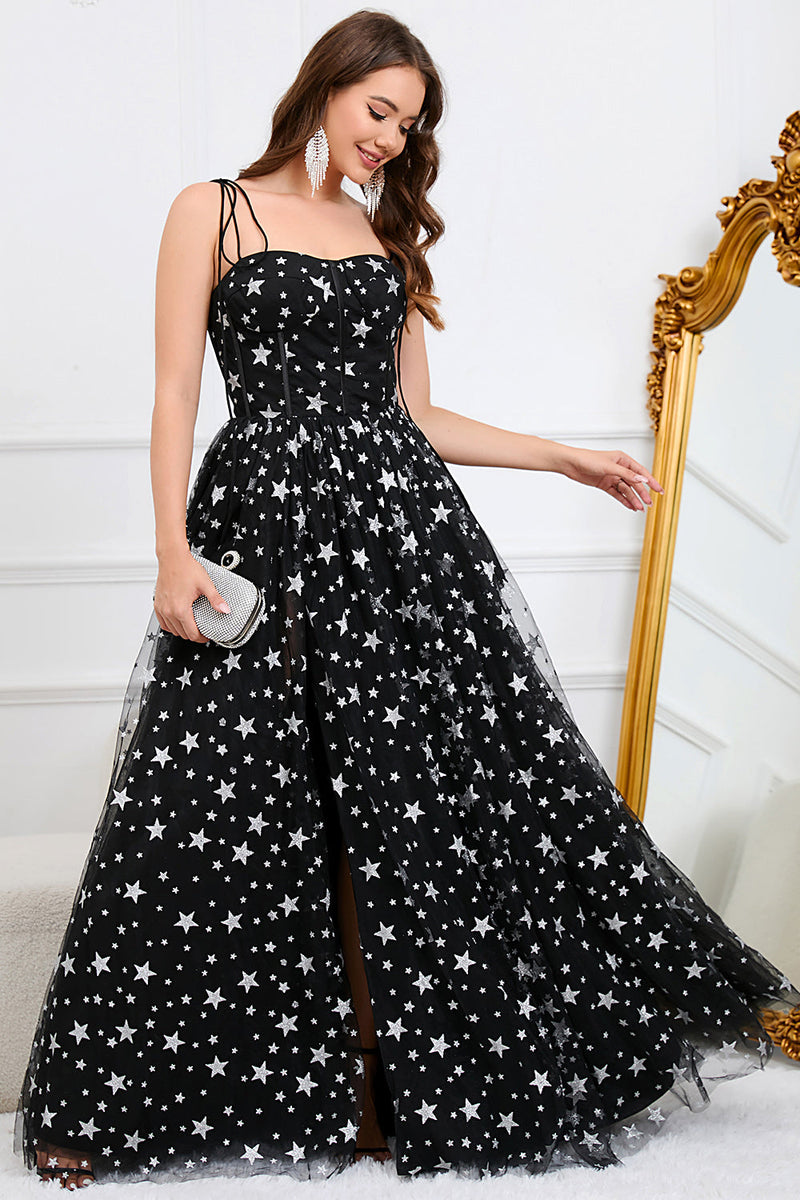 Load image into Gallery viewer, Tulle A-Line Spaghetti Straps Black Long Prom Dress with Stars