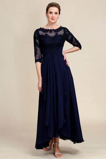 Asymmetrical Navy Mother of Bride Dress with Long Sleeves