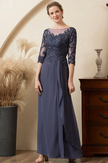 Grey Blue Sparkly Beaded Chiffon Mother of the Bride Dress