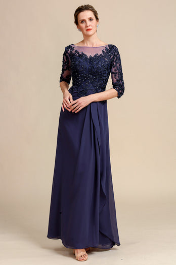 Long Sleeves Blue Mother of Bride Dress with Appliques