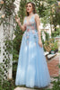 Load image into Gallery viewer, A Line Deep V Neck Light Blue Long Prom Dresses with Appliques