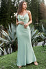 Load image into Gallery viewer, Sheath Spaghetti Straps Light Green Long Bridesmaid Dress with Bowknot