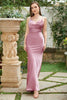 Load image into Gallery viewer, Sheath Spaghetti Straps Blush Long Bridesmaid Dress with Bowknot