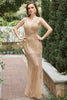Load image into Gallery viewer, Mermaid Deep V Neck Golden Long Prom Dress with Open Back