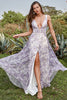 Load image into Gallery viewer, Iovry Purple Printed V-Neck Prom Dress With Slit