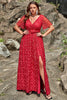 Load image into Gallery viewer, A Line V Neck Red Lace Plus Size Prom Dress with Split Front