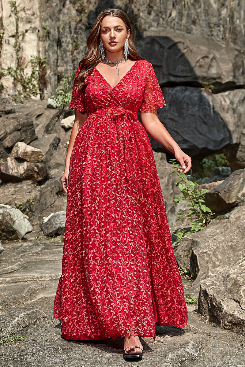 Load image into Gallery viewer, A Line V Neck Red Lace Plus Size Prom Dress with Split Front