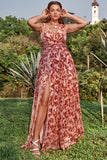 A Line Rust Printed Plus Size Prom Dress with Split Front