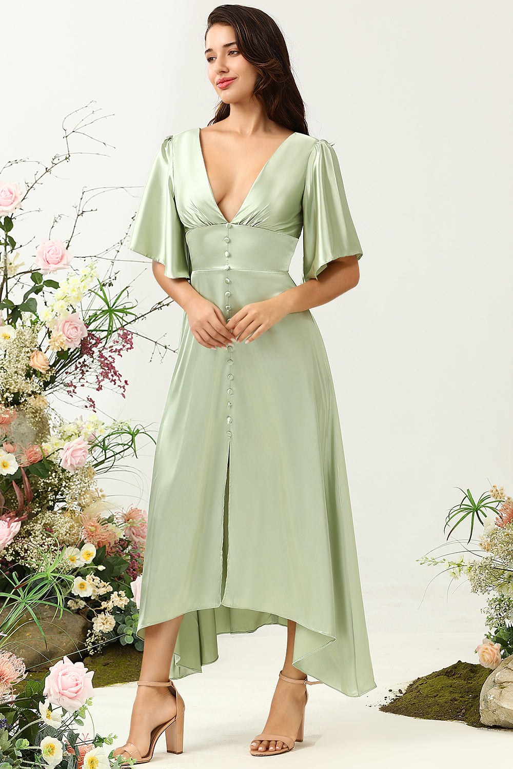 Zapaka Women Light Green Wedding Guest Dress A Line Deep V Neck Wedding Party Dress with Half Sleeves ZAPAKA UK Zapaka Women Light Green Wedding Guest Dress A Line Deep V Neck Wedding Party Dress with Half Sleeves ZAPAKA UK