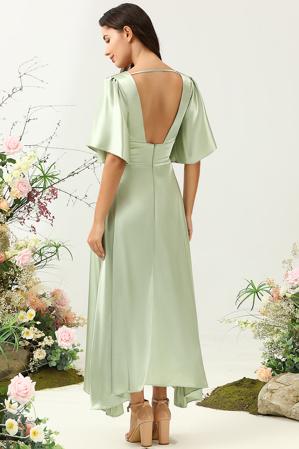 Zapaka Women Light Green Wedding Guest Dress A Line Deep V Neck Wedding Party Dress with Half Sleeves ZAPAKA UK Zapaka Women Light Green Wedding Guest Dress A Line Deep V Neck Wedding Party Dress with Half Sleeves ZAPAKA UK
