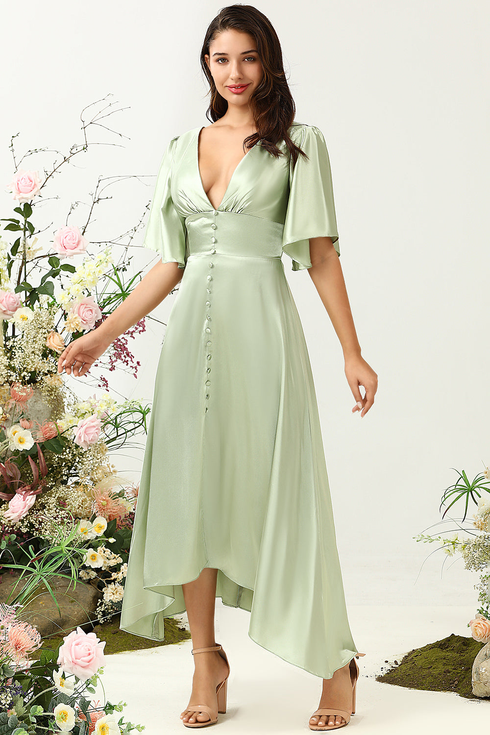 Zapaka Women Light Green Wedding Guest Dress A Line Deep V Neck Wedding Party Dress with Half Sleeves ZAPAKA UK Zapaka Women Light Green Wedding Guest Dress A Line Deep V Neck Wedding Party Dress with Half Sleeves ZAPAKA UK