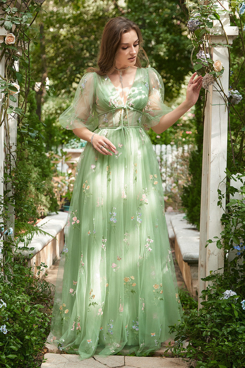 Load image into Gallery viewer, A-Line V-Neck Embroidery Green Long Prom Dress with Short Sleeves