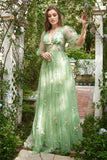 A-Line V-Neck Embroidery Green Long Prom Dress with Short Sleeves