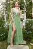 Load image into Gallery viewer, A-Line V-Neck Spaghetti Straps Embroidery Green Long Prom Dress with Slit