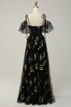 Black A-Line V-Neck Spaghetti Straps Embroidery Long Prom Dress with Slit