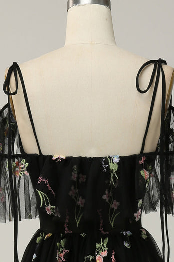 Black A-Line V-Neck Spaghetti Straps Embroidery Long Prom Dress with Slit