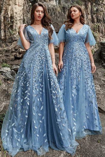 Grey Blue Tulle Embroidered Leaves Prom Dress