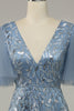 Load image into Gallery viewer, Grey Blue Tulle Embroidered Leaves Prom Dress