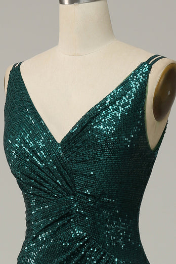 Dark Green Sequined Spaghetti Straps Prom Dress With Slit