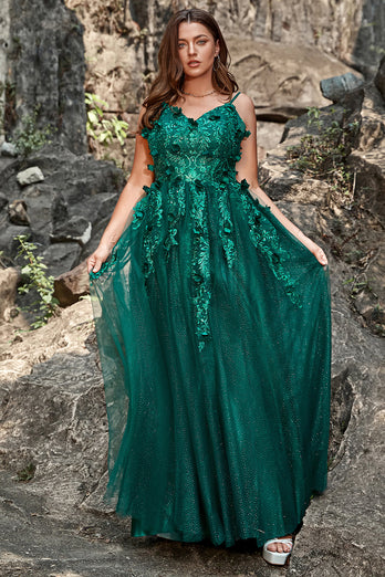 A Line Spaghetti Straps Dark Green Long Prom Dress with Appliques
