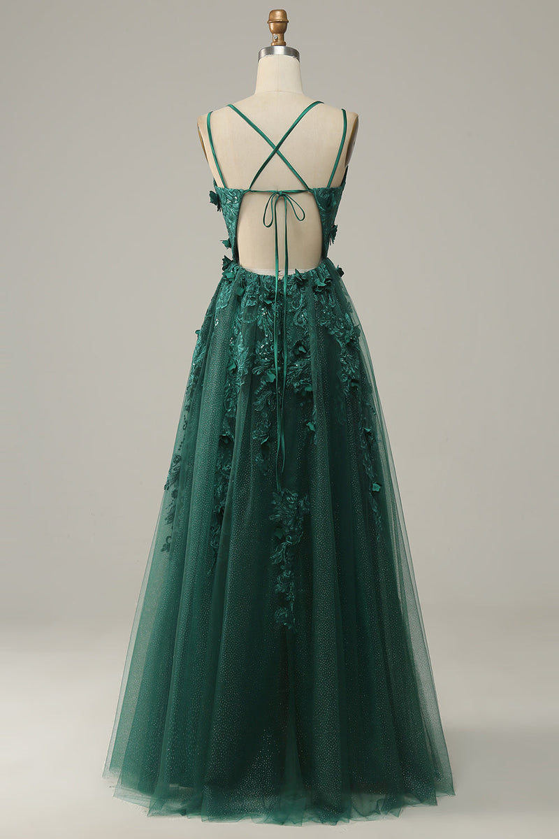 Load image into Gallery viewer, Dark Green A Line Tulle Prom Dress with Slit