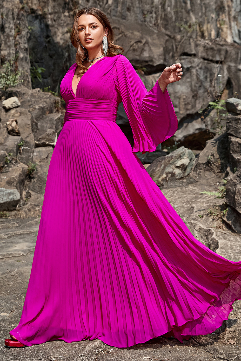 A Line Deep V Neck Dark Fuchsia Plus Size Prom Dress with Long Sleeves A Line Deep V Neck Dark Fuchsia Plus Size Prom Dress with Long Sleeves