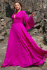 Load image into Gallery viewer, A Line Deep V Neck Dark Fuchsia Plus Size Prom Dress with Long Sleeves