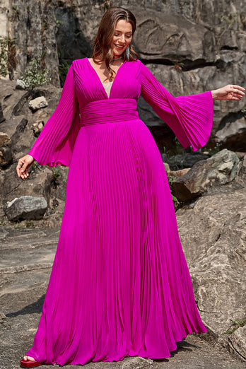 A Line Deep V Neck Dark Fuchsia Plus Size Prom Dress with Long Sleeves