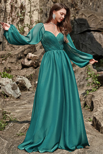 A Line Sweetheart Dark Green Long Prom Dress with Long Sleeves