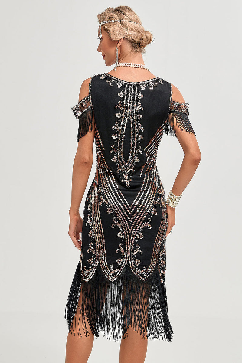 Load image into Gallery viewer, Black Cold Shoulder Sequins Fringes 1920s Gatsby Dress