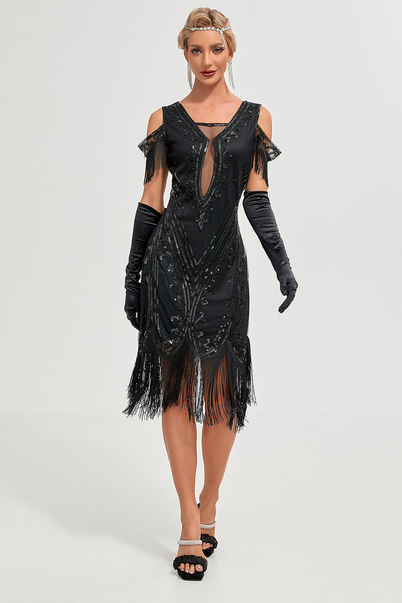 Load image into Gallery viewer, Black Cold Shoulder Sequins Fringes 1920s Gatsby Dress