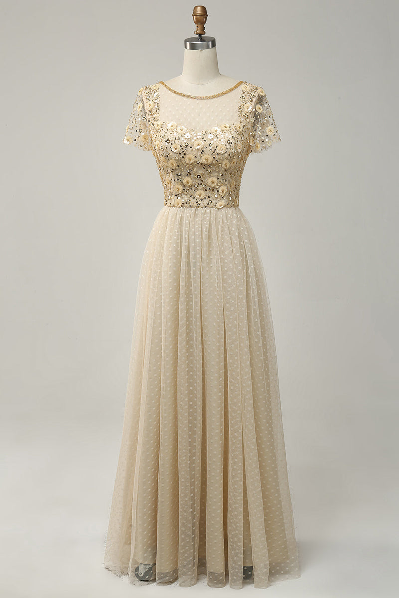 Load image into Gallery viewer, Apricot Tulle A Line Sequins Prom Dress with Appliques