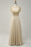 Apricot Tulle A Line Sequins Prom Dress with Appliques