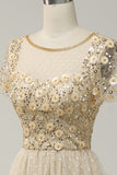 Apricot Tulle A Line Sequins Prom Dress with Appliques