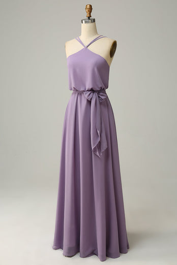 A Line Halter Purple Long Bridesmaid Dress with Bowknot
