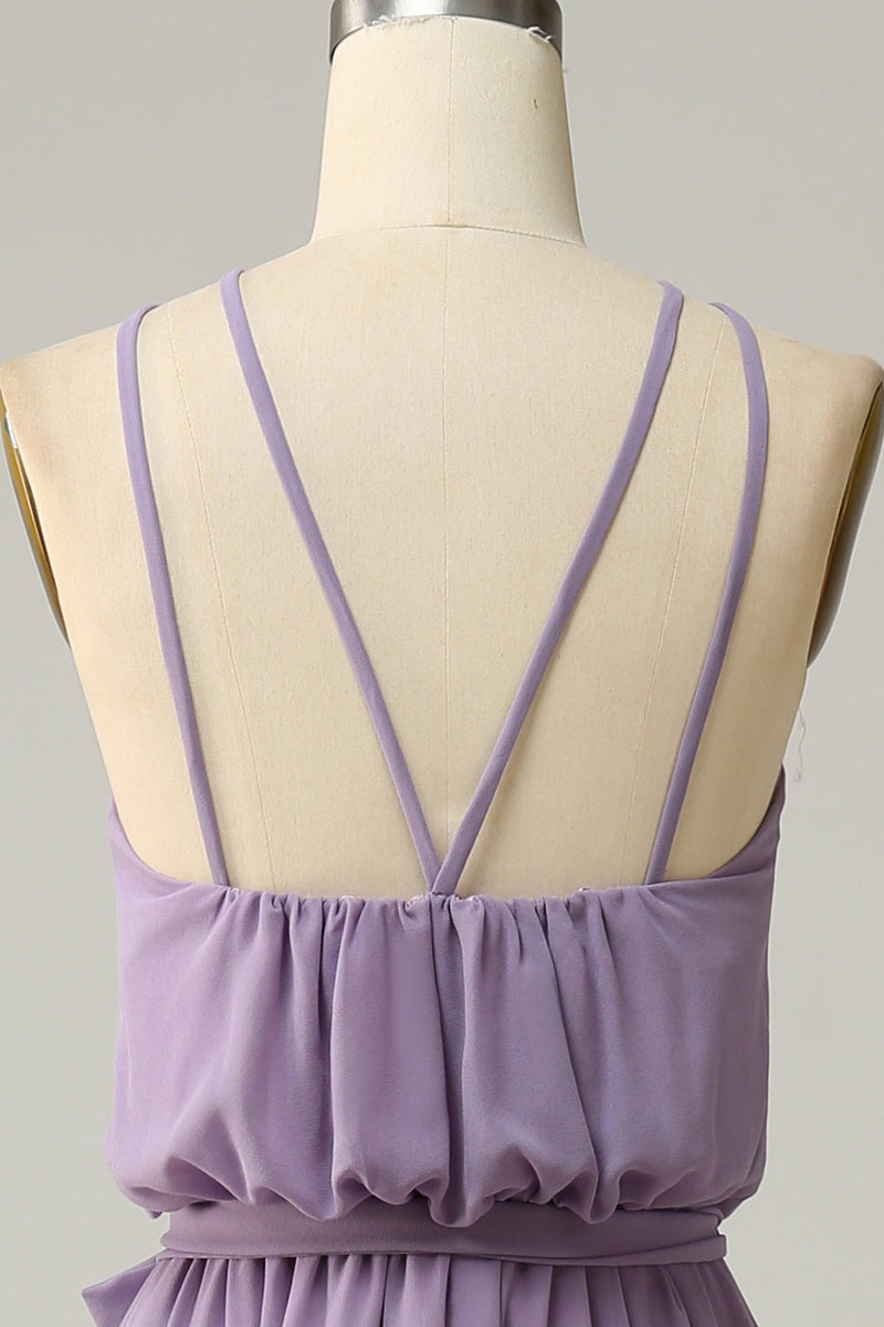 Load image into Gallery viewer, A Line Halter Purple Long Bridesmaid Dress with Bowknot