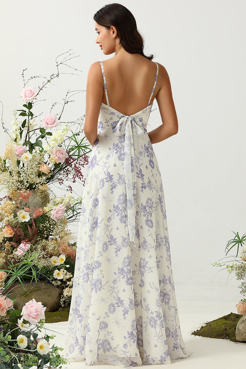 Load image into Gallery viewer, A Line Spaghetti Straps Purple Flower Printed Long Bridesmaid Dress