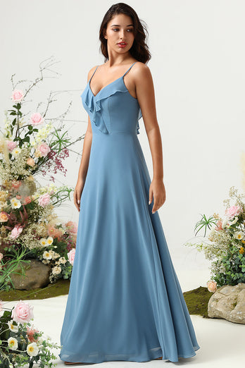 A Line Spaghetti Straps Grey Blue Long Bridesmaid Dress with Criss Cross Back
