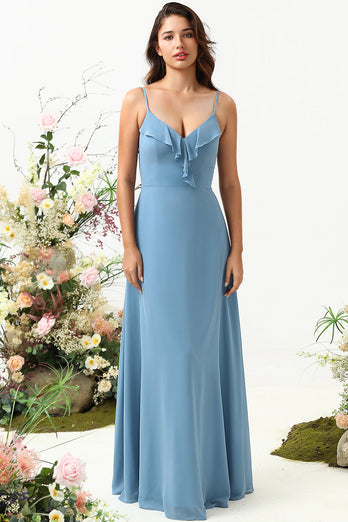 A Line Spaghetti Straps Grey Blue Long Bridesmaid Dress with Criss Cross Back