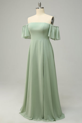 A Line Off the Shoulder Green Long Bridesmaid Dress with Ruffles