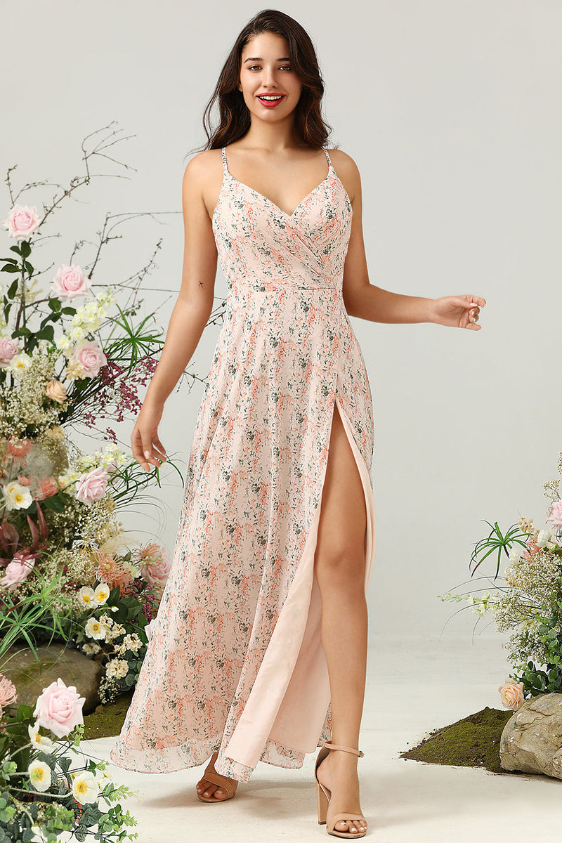 Load image into Gallery viewer, Blush Floral Chiffon Long Bridesmaid Dress with Slit