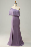Sheath One Shoulder Purple Bridesmaid Dress with Silt