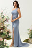 Load image into Gallery viewer, Dusty Blue One Shoulder Sheath Long Bridesmaid Dress with Slit