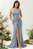 Load image into Gallery viewer, Dusty Blue One Shoulder Sheath Long Bridesmaid Dress with Slit