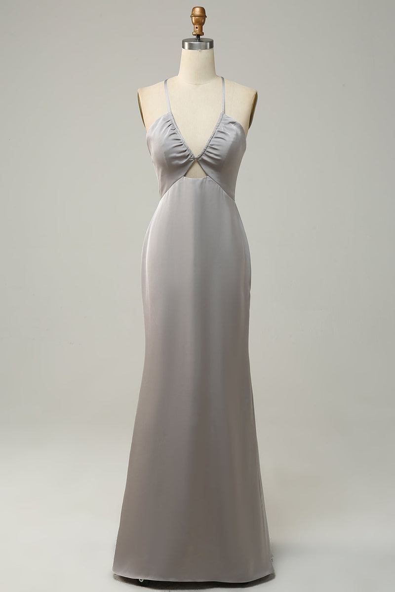 Load image into Gallery viewer, Grey Mermaid Open Back Long Bridesmaid Dress